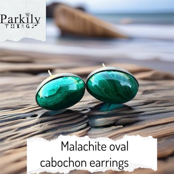 Malachite Oval Cabochon Earrings - Picture 1 of 5